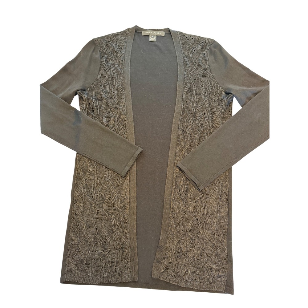 Ralph Lauren Womens Charcoal Grey Pointelle Open Front Cardigan Silk Blend M